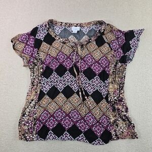 Jaclyn Smith Womens Blouse L Pink Black Geometric Boho Flutter Sleeve